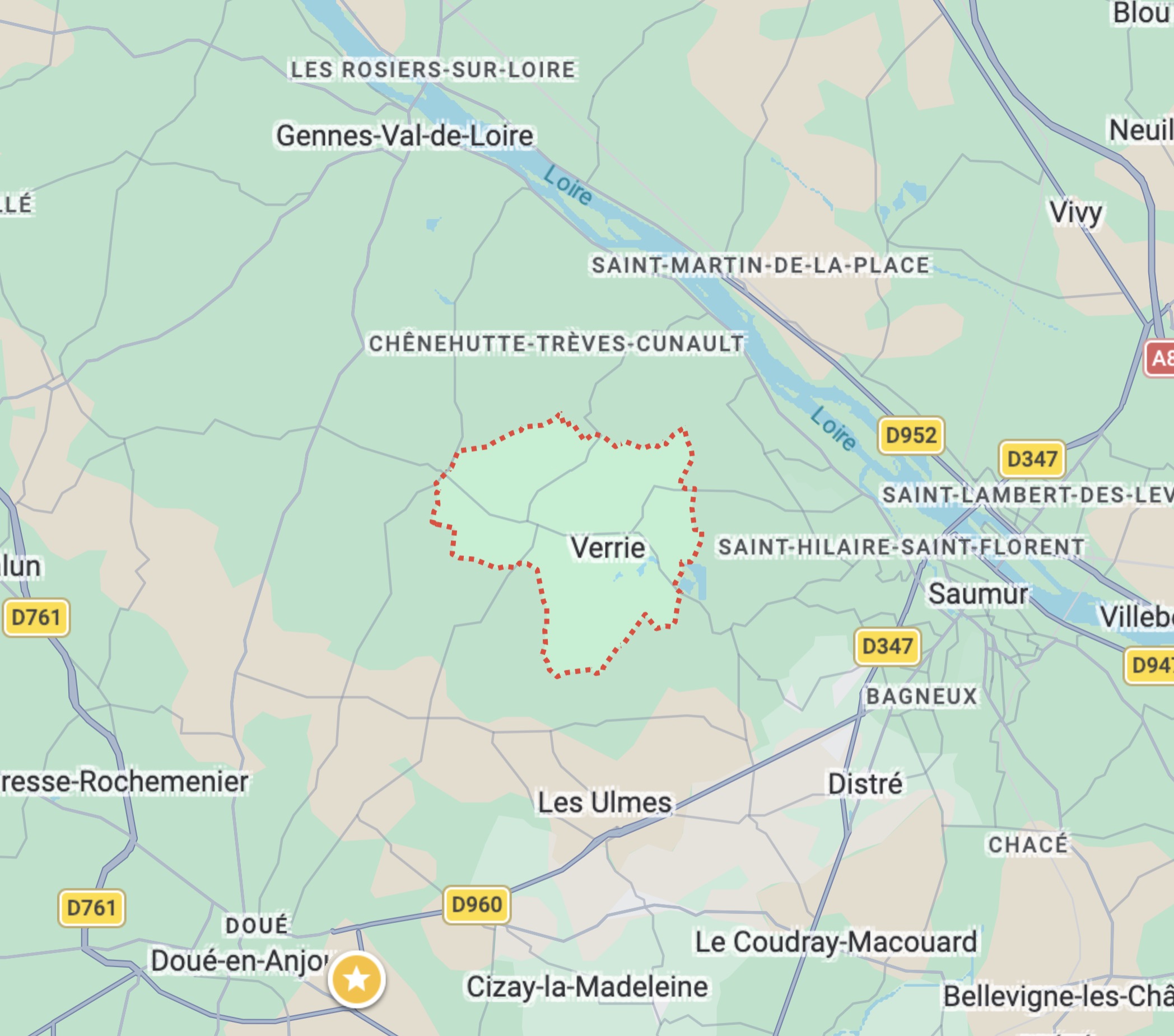 Carte situant la commune de Verrie, aux portes de Saumur, en bord de Loire